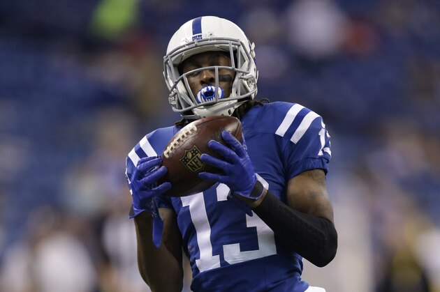 Indianapolis Colts' T.Y. Hilton (13) makes a catch before the start of an NFL football game between the Indianapolis Colts and the Houston Texans, Sunday, Dec. 20, 2015, in Indianapolis. (AP Photo/AJ Mast)
