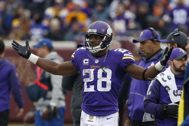 Minnesota Vikings running back Adrian Peterson (28) reacts on the sidelines after a play during the second half of an NFL football game against the Chicago Bears, Sunday, Dec. 20, 2015, in Minneapolis. (AP Photo/Ann Heisenfelt)