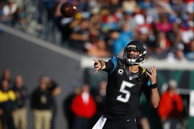 Jacksonville Jaguars quarterback Blake Bortles (5) throws a pass against the Atlanta Falcons during an NFL football game in Jacksonville, Fla., Sunday, Dec. 20, 2015. (Jeff Haynes/AP Images for Panini)