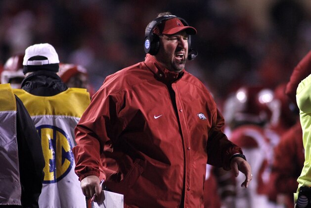 Arkansas' Bret Bielema yells on the sideline during the second half of an NCAA college football game against Mississippi State, Saturday, Nov. 21, 2015 in Fayetteville, Ark. Mississippi State beat Arkansas, 51-50. (AP Photo/Samantha Baker)