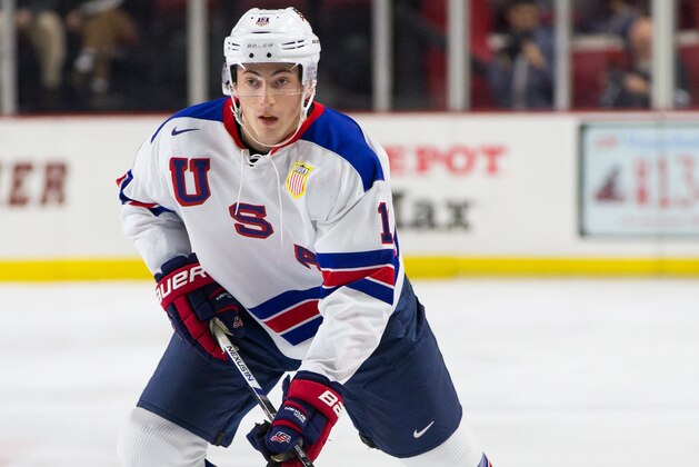 AMHERST, MA - DECEMBER 18: Zach Werenski #13 of the USA National Junior Team skates against the Massachusetts Minutemen during NCAA exhibition hockey action at the Mullins Center on December 18, 2015 in Amherst, Massachusetts. USA won 4-0. (Photo by Richard T Gagnon/Getty Images)
