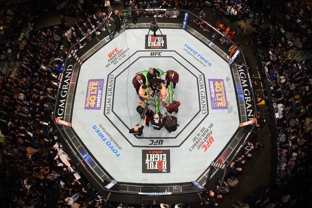 LAS VEGAS, NV - DECEMBER 12: An overhead view of the Octagon as Chris Weidman and Luke Rockhold touch gloves during the UFC 194 event inside MGM Grand Garden Arena on December 12, 2015 in Las Vegas, Nevada. (Photo by Zuffa LLC/Zuffa LLC via Getty Images) LAS VEGAS, NV - DECEMBER 12: An overhead view of the Octagon as Chris Weidman and Luke Rockhold touch gloves during the UFC 194 event inside MGM Grand Garden Arena on December 12, 2015 in Las Vegas, Nevada. (Photo by Zuffa LLC/Zuffa LLC via Getty Images)