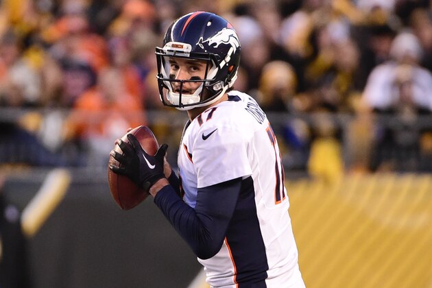 Denver Broncos quarterback Brock Osweiler (17) passes in the first quarter against the Pittsburgh Steelers in an NFL football Sunday, Dec. 20, 2015, in Pittsburgh. (AP Photo/Fred Vuich)