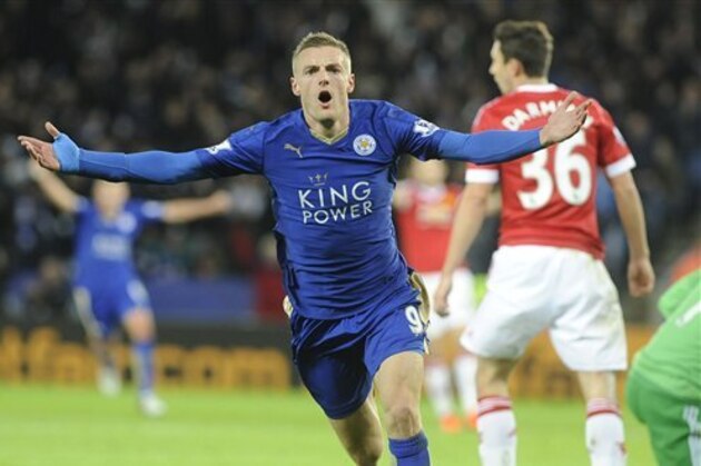 Leicester’s Jamie Vardy celebrates after scoring against Manchester United, his eleventh consecutive goal in the Premier League, during the English Premier League soccer match between Leicester City and Manchester United at the King Power Stadium, Leicester, England, Saturday, Nov. 28, 2015. Vardy becomes the first man to score in 11 consecutive English Premier League soccer matches after finding the back of the net against Manchester United today.(AP Photo/Rui Vieira)