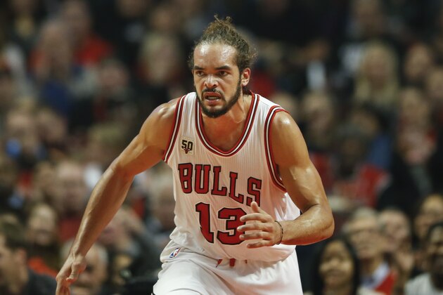 Chicago Bulls center Joakim Noah, reacts after scoring against the Orlando Magic, during the first half of an NBA basketball game, Sunday, Nov. 1, 2015, in Chicago. (AP Photo/Kamil Krzaczynski)