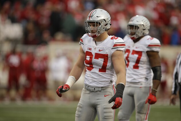 Ohio State's Joey Bosa (97) in action during the second half of an NCAA college football game against Indiana, Saturday, Oct. 3, 2015 in Bloomington, Ind. Ohio State won 34-27. (AP Photo/Darron Cummings)