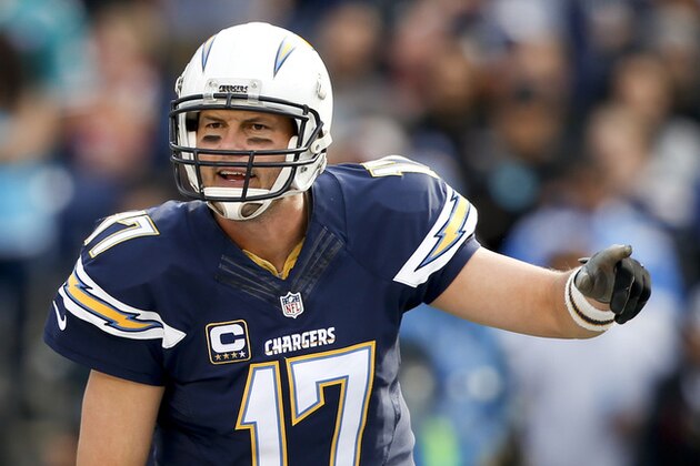 San Diego Chargers quarterback Philip Rivers yells to his team during the first half in an NFL football game against the Miami Dolphins Sunday, Dec. 20, 2015, in San Diego. (AP Photo/Lenny Ignelzi)