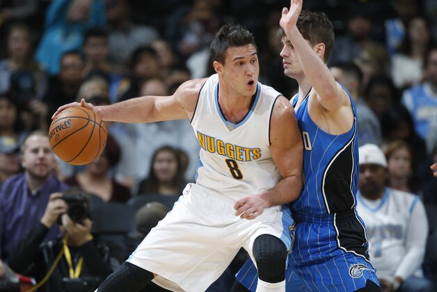 Denver Nuggets forward Danilo Gallinari, left, of Italy, works the ball inside for a shot as Orlando Magic guard Mario Hezonja, of Croatia, defends in the first half of an NBA basketball game, Tuesday, Dec. 8, 2015, in Denver. (AP Photo/David Zalubowski)