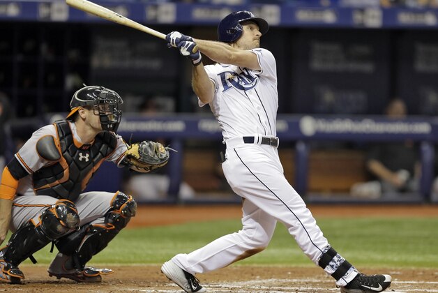 Tampa Bay Rays' John Jaso follows through on his home run off Baltimore Orioles starting pitcher Chris Tillman during the third inning of a baseball game Thursday, Sept. 17, 2015, in St. Petersburg, Fla. Catching for the Orioles is Matt Wieters. (AP Photo/Chris O'Meara) Tampa Bay Rays' John Jaso follows through on his home run off Baltimore Orioles starting pitcher Chris Tillman during the third inning of a baseball game Thursday, Sept. 17, 2015, in St. Petersburg, Fla. Catching for the Orioles is Matt Wieters. (AP Photo/Chris O'Meara)