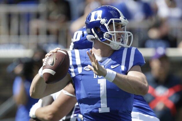 Duke quarterback Thomas Sirk (1) passes against Northwestern during the first half of an NCAA college football game in Durham, N.C., Saturday, Sept. 19, 2015. (AP Photo/Gerry Broome)
