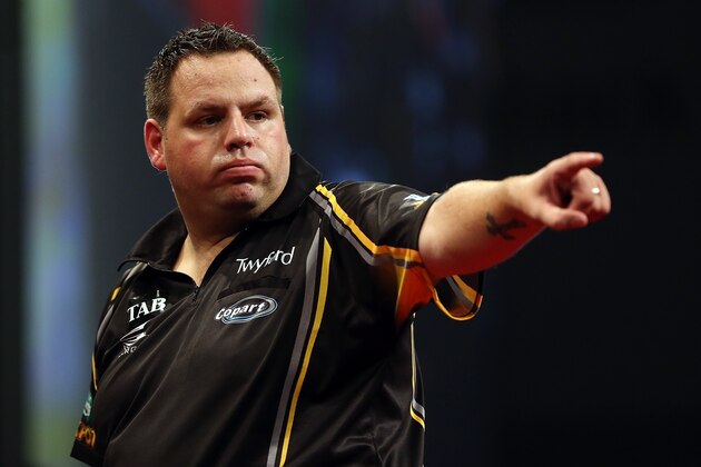 AUCKLAND, NEW ZEALAND - AUGUST 30:  Adrian Lewis in action against Raymond van Barnevald in the final match during the Auckland Darts Masters at The Trusts Arena on August 30, 2015 in Auckland, New Zealand.  (Photo by Michael Bradley/Getty Images)