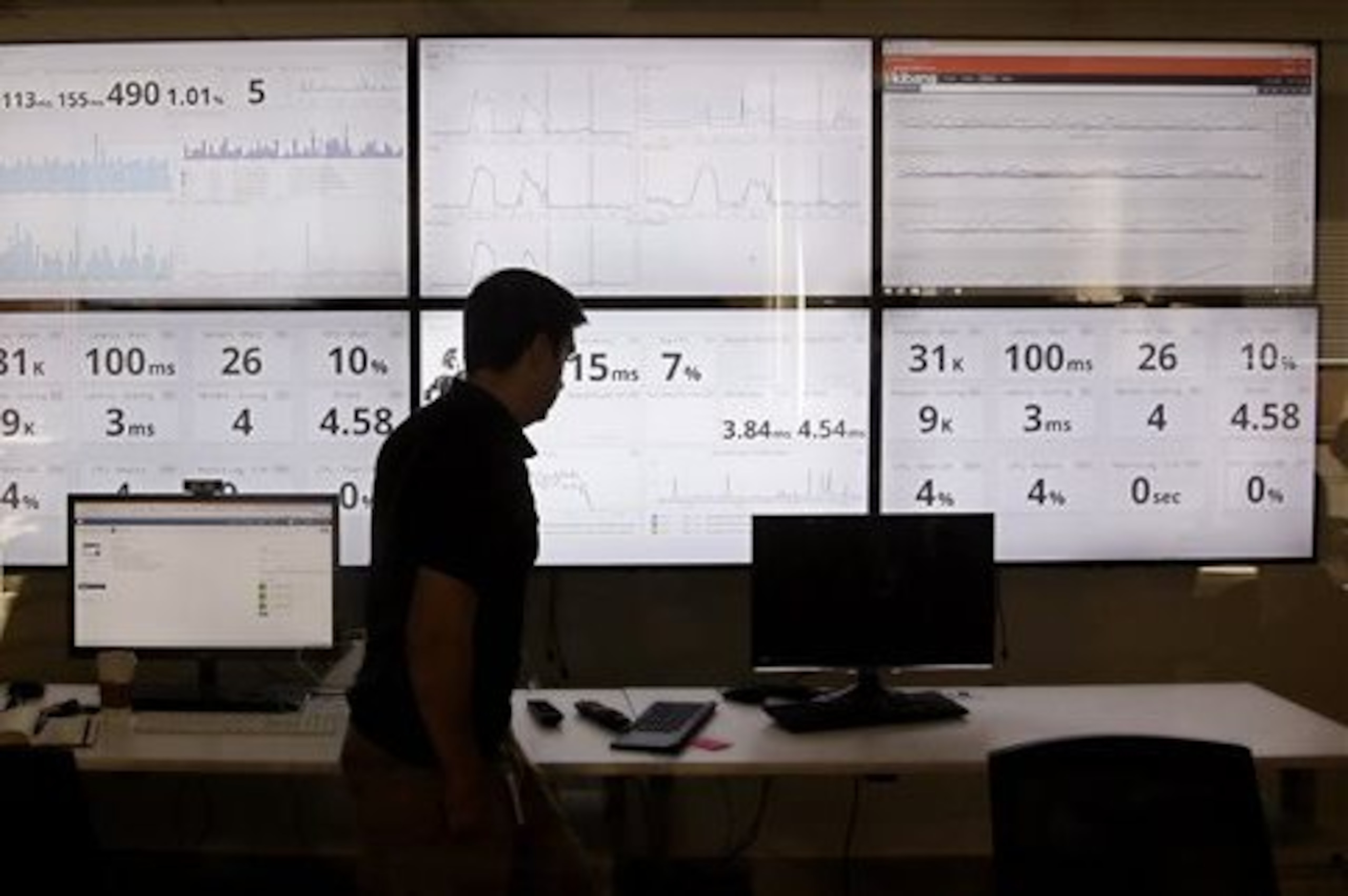FILE - In this Sept. 9, 2015 file photo, an employee in the software development department of DraftKings, a daily fantasy sports company, walks past screens displaying the company's online system stats in Boston. Top daily fantasy sports companies are fiercely rejecting the idea that their rapidly-growing industry should be considered gambling in the United States. But FanDuel and DraftKings are OK with that label in the United Kingdom. They’re embracing it as a step toward global expansion. U.K. gambling regulators granted a gambling license to DraftKings in August, while FanDuel applied earlier this month for a license as a “gambling software” company. (AP Photo/Stephan Savoia, File)
