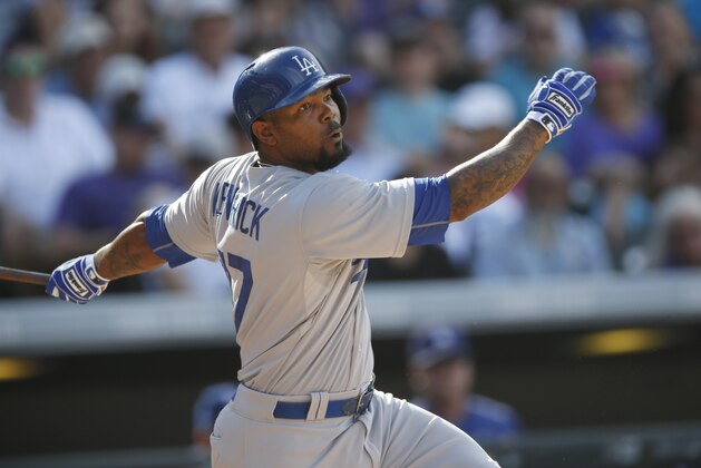 Los Angeles Dodgers second baseman Howie Kendrick (47) in the fourth inning of a baseball game Sunday, Sept. 27, 2015, in Denver. (AP Photo/David Zalubowski)