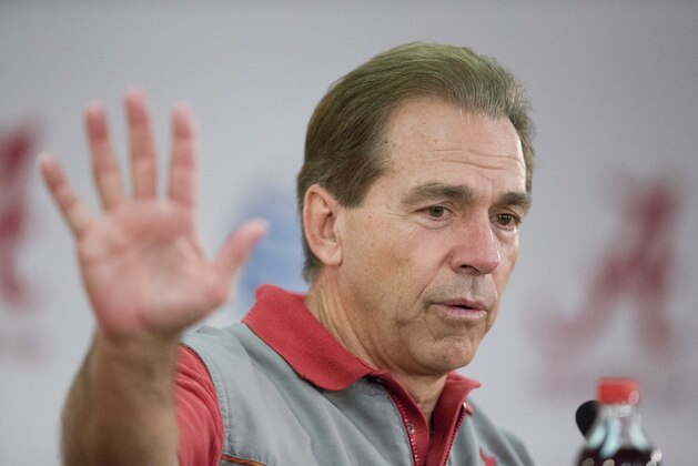 Alabama coach Nick Saban speaks during a news conference Wednesday, Dec. 16, 2015, in Tuscaloosa, Ala. Alabama plays Michigan State in the Cotton Bowl on New Year's Eve. (AP Photo/Brynn Anderson)
