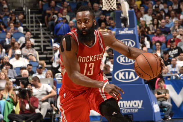 ORLANDO, FL - DECEMBER 23:  James Harden #13 of the Houston Rockets handles the ball against the Orlando Magic on December 23, 2015 at Amway Center in Orlando, Florida. NOTE TO USER: User expressly acknowledges and agrees that, by downloading and or using this photograph, User is consenting to the terms and conditions of the Getty Images License Agreement. Mandatory Copyright Notice: Copyright 2015 NBAE (Photo by Fernando Medina/NBAE via Getty Images)