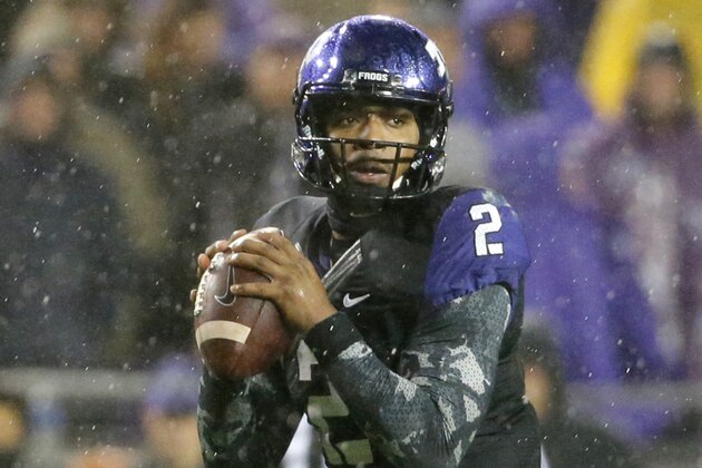 TCU quarterback Trevone Boykin prepares to pass against Baylor during the first half of an NCAA college football game Friday, Nov. 27, 2015, in Fort Worth, Texas. (AP Photo/Tony Gutierrez)