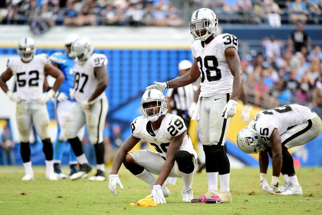 SAN DIEGO, CA - OCTOBER 25:   David Amerson #29 and  T.J. Carrie #38 of the Oakland Raiders react to a pass interference call during the fourth quarter against the San Diego Chargers at Qualcomm Stadium on October 25, 2015 in San Diego, California.  (Photo by Harry How/Getty Images)