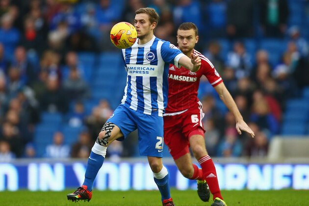 BRIGHTON, ENGLAND - DECEMBER 19:  James Wilson of Brighton and Hove Albion shields the ball from Ben Gibson of Middlesbrough during the Sky Bet Championship match between Brighton and Hove Albion and Middlesbrough at Amex Stadium on December 19, 2015 in Brighton, United Kingdom.  (Photo by Jordan Mansfield/Getty Images)