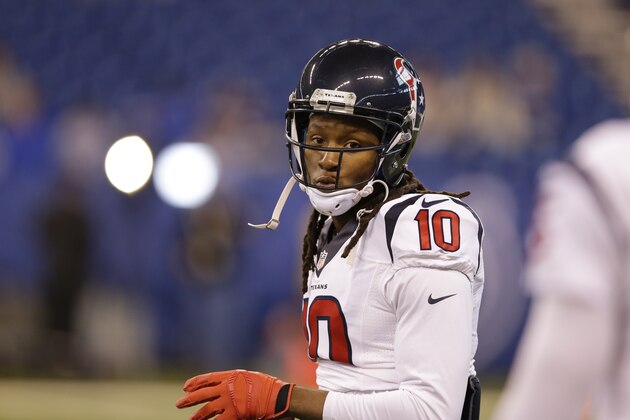 Houston Texans' DeAndre Hopkins (10) warms up before the start of an NFL football game between the Indianapolis Colts and the Houston Texans, Sunday, Dec. 20, 2015, in Indianapolis. (AP Photo/Michael Conroy)