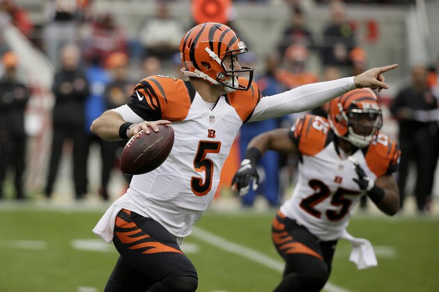 Cincinnati Bengals quarterback AJ McCarron (5) against the San Francisco 49ers during an NFL football game in Santa Clara, Calif., Sunday, Dec. 20, 2015. (AP Photo/Eric Risberg)