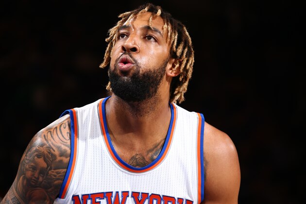 NEW YORK, NY - DECEMBER 21:  Derrick Williams #23 of the New York Knicks prepares to shoot a free throw against the Orlando Magic on December 21, 2015 at Madison Square Garden in New York City.  NOTE TO USER: User expressly acknowledges and agrees that, by downloading and or using this photograph, User is consenting to the terms and conditions of the Getty Images License Agreement. Mandatory Copyright Notice: Copyright 2015 NBAE  (Photo by Nathaniel S. Butler/NBAE via Getty Images)