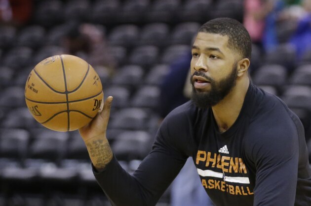 Phoenix Suns forward Markieff Morris works out during practice before the start of their NBA basketball game against the Utah Jazz Monday, Dec. 21, 2015, in Salt Lake City. (AP Photo/Rick Bowmer)