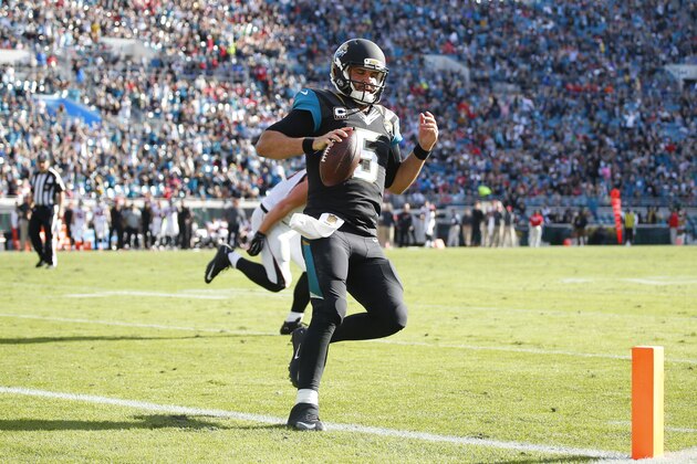 Jacksonville Jaguars quarterback Blake Bortles (5) runs in for a touchdown against the Atlanta Falcons during an NFL football game in Jacksonville, Fla., Sunday, Dec. 20, 2015. (Jeff Haynes/AP Images for Panini)