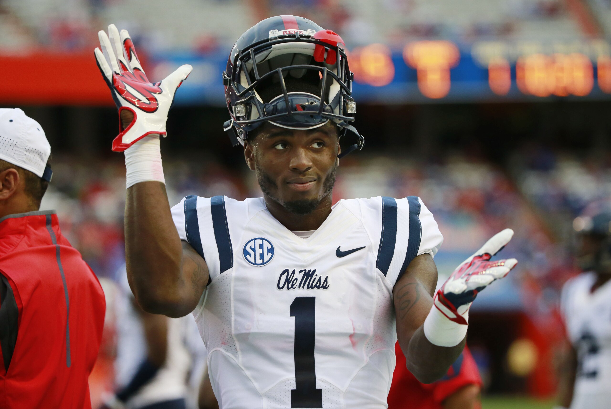 Oct 3, 2015; Gainesville, FL, USA; Mississippi Rebels wide receiver Laquon Treadwell (1) does the gator chomp prior to the game at Ben Hill Griffin Stadium. Mandatory Credit: Kim Klement-USA TODAY Sports Oct 3, 2015; Gainesville, FL, USA; Mississippi Rebels wide receiver Laquon Treadwell (1) does the gator chomp prior to the game at Ben Hill Griffin Stadium. Mandatory Credit: Kim Klement-USA TODAY Sports