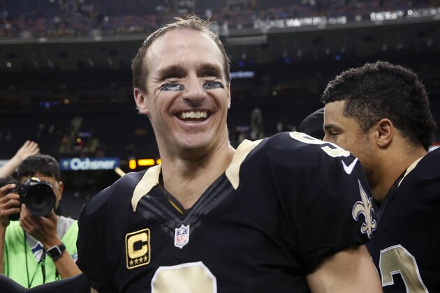New Orleans Saints quarterback Drew Brees (9) smiles after an NFL football game  against the Detroit Lions in New Orleans, Monday, Dec. 21, 2015. The Lions won 35-27. (AP Photo/Brynn Anderson)