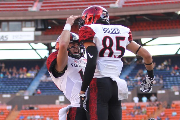 HONOLULU, HI - DECEMBER 24: Mikah Holder #85 and Christian Chapman #10 of the San Diego State Aztecs celebrate after scoring a touchdown against the Cincinnati Bearcats at Aloha Stadium on December 24, 2015 in Honolulu, Hawaii. (Photo by Darryl Oumi/Getty Images)