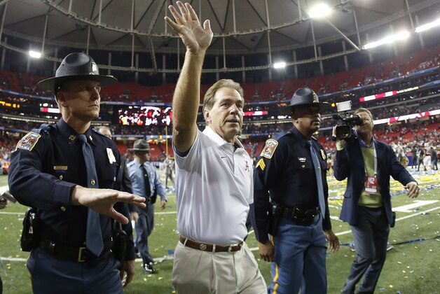 Alabama head coach Nick Saban walks off the field after the second half of the Southeastern Conference championship NCAA college football game against Florida, Saturday, Dec. 5, 2015, in Atlanta. Alabama won 29.15. (AP Photo/John Bazemore)