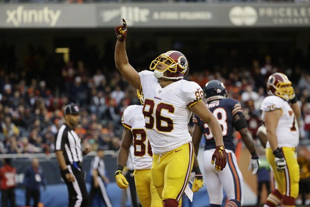 Washington Redskins tight end Jordan Reed (86) celebrates a touchdown during the first half of an NFL football game against the Chicago Bears, Sunday, Dec. 13, 2015, in Chicago. The touchdown was later reversed by the officials. (AP Photo/Nam Y. Huh)