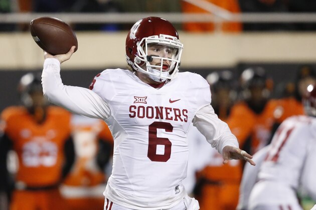 Oklahoma quarterback Baker Mayfield (6) is pictured during an NCAA college football game between Oklahoma and Okalhoma State in Stillwater, Okla., Monday, Nov. 30, 2015. Oklahoma won 58-23. (AP Photo/Sue Ogrocki)