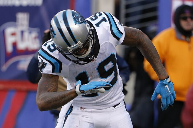 Carolina Panthers wide receiver Ted Ginn (19) celebrates after scoring a touchdown during the second half of an NFL football game against the New York Giants Sunday, Dec. 20, 2015, in East Rutherford, N.J. (AP Photo/Kathy Willens)