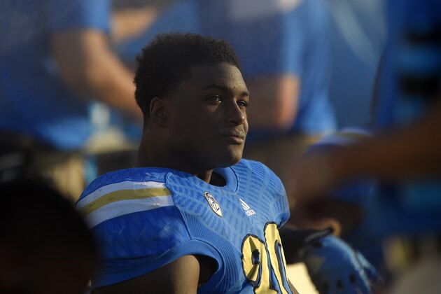 UCLA linebacker Myles Jack looks on from the bench during the second half of an NCAA college football game against Stanford, Friday, Nov. 28, 2014, in Pasadena, Calif. Stanford won 31-10. (AP Photo/Mark J. Terrill)