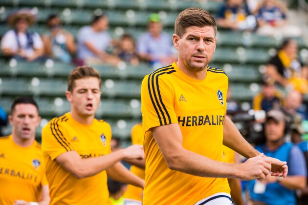 CARSON, CA - OCTOBER 18: Steven Gerrard #8 of Los Angeles Galaxy warms up prior to the Los Angeles Galaxy's MLS match against Portland Timbers at the StubHub Center on October 18, 2015 in Carson, California.  The Portland Timbers won the match 5-2  (Photo by Shaun Clark/Getty Images)