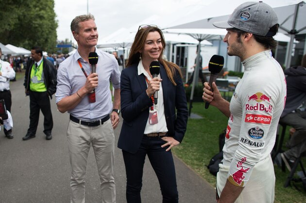 MELBOURNE, AUSTRALIA - MARCH 14:  Carlos Sainz of Scuderia Toro Rosso and Spain being interviewed by the BBC after qualifying for the Australian Formula One Grand Prix at Albert Park on March 14, 2015 in Melbourne, Australia.  (Photo by Peter Fox/Getty Images)