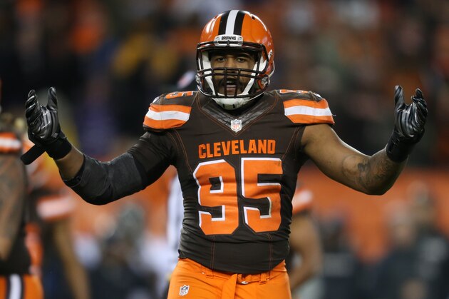 Cleveland Browns defensive end Armonty Bryant (95) against the Baltimore Ravens in the second half of an NFL football game, Monday, Nov. 30, 2015, in Cleveland. (AP Photo/Ron Schwane)