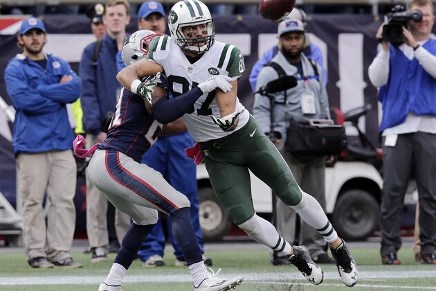 New England Patriots safety Malcolm Butler (21) breaks up a pass intended for New York Jets wide receiver Eric Decker (87) during the second half of an NFL football game, Sunday, Oct. 25, 2015, in Foxborough, Mass. (AP Photo/Charles Krupa)