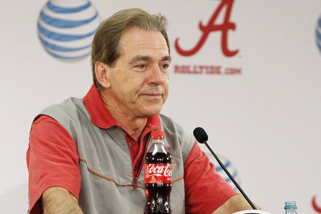 Alabama coach Nick Saban speaks to the media as the team prepares for the New Year's Eve NCAA college football Cotton Bowl game against Michigan State, Monday, Dec. 21, 2015, in Tuscaloosa, Ala. (AP Photo/Butch Dill)
