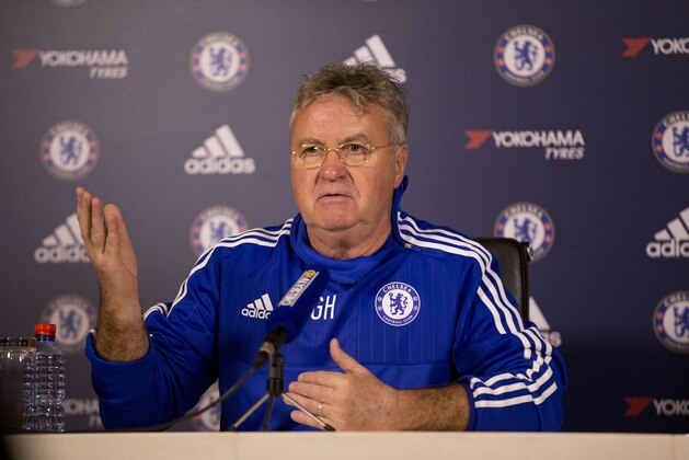 Chelsea's new manager until the end of the season, Guus Hiddink, gives his first press conference since being appointed, at the club's training facilities in Stoke d'Abernon, near London, Wednesday, Dec. 23, 2015.  (AP Photo/Matt Dunham).
