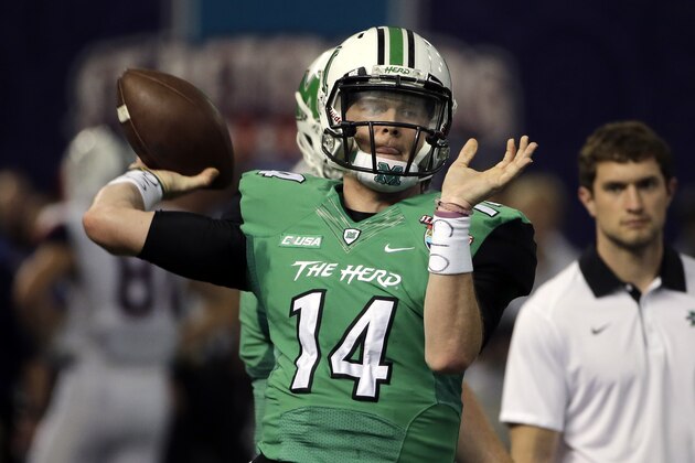 Marshall quarterback Chase Litton before the St. Petersburg Bowl NCAA college football game against Connecticut Saturday, Dec. 26, 2015, in St. Petersburg, Fla. (AP Photo/Chris O'Meara)