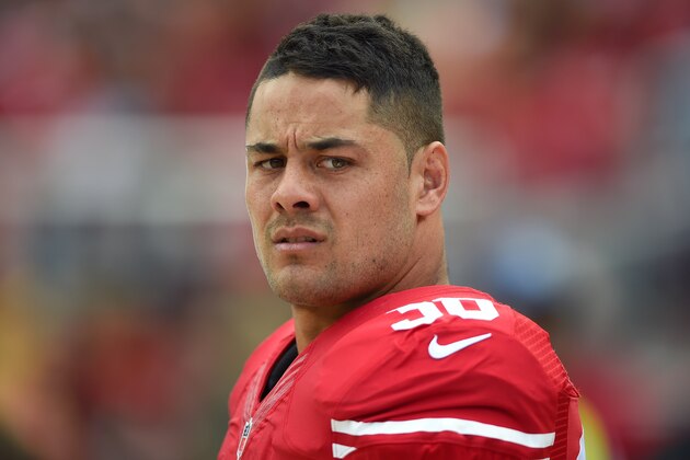 SANTA CLARA, CA - OCTOBER 18:  Jarryd Hayne #38 of the San Francisco 49ers looks on from the sidelines against the Baltimore Ravens during an NFL game at Levi's Stadium on October 18, 2015 in Santa Clara, California.  (Photo by Thearon W. Henderson/Getty Images)
