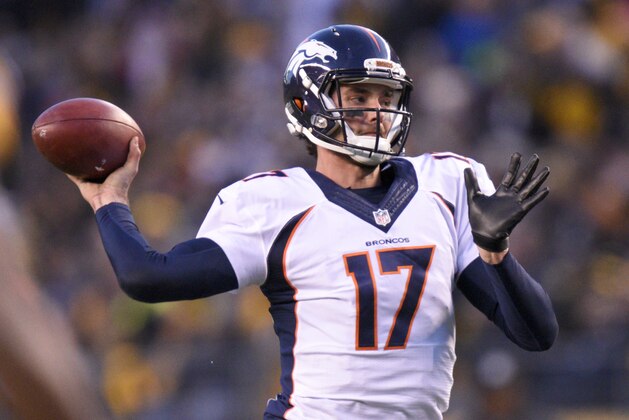 Denver Broncos quarterback Brock Osweiler (17) throws a touchdown during the first half of an NFL football game against the Pittsburgh Steelers in Pittsburgh, Sunday, Dec. 20, 2015. (AP Photo/Don Wright)