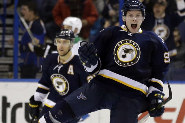 St. Louis Blues right wing Vladimir Tarasenko, of Russia, celebrates after scoring during the third period of an NHL hockey game against the Dallas Stars Saturday, Dec. 12, 2015, in St. Louis. The Blues won 3-0. (AP Photo/Jeff Roberson)