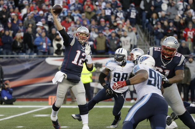 New England Patriots quarterback Tom Brady (12) passes under pressure from Tennessee Titans linebacker Brian Orakpo (98) and defensive end DaQuan Jones (90) in the second half of an NFL football game, Sunday, Dec. 20, 2015, in Foxborough, Mass. (AP Photo/Steven Senne) New England Patriots quarterback Tom Brady (12) passes under pressure from Tennessee Titans linebacker Brian Orakpo (98) and defensive end DaQuan Jones (90) in the second half of an NFL football game, Sunday, Dec. 20, 2015, in Foxborough, Mass. (AP Photo/Steven Senne)