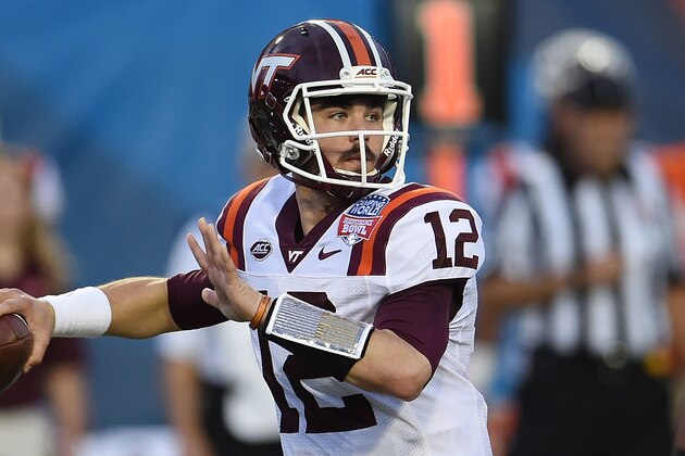 SHREVEPORT, LA - DECEMBER 26:  Michael Brewer #12 of the Virginia Tech Hokies looks to pass against the Tulsa Golden Hurricane during the first half of the Camping World Independence Bowl on December 26, 2015 in Shreveport, Louisiana.  (Photo by Stacy Revere/Getty Images)