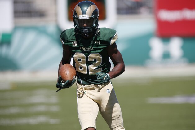 Colorado State Rams wide receiver Rashard Higgins (82) warms up before the first quarter of an NCAA college football game Saturday, Sept. 12, 2015, in Fort Collins, Colo. (AP Photo/David Zalubowski)