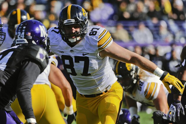 Iowa tight end Jake Duzey (87) during an NCAA college football game against Northwestern in Evanston, Ill.,  on Saturday, Oct. 17, 2015. (AP Photo/Matt Marton)