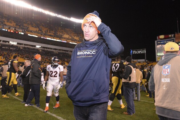 Denver Broncos quarterback Peyton Manning (18) leaves the field after an NFL football game against the Pittsburgh Steelers, Sunday, Dec. 20, 2015, in Pittsburgh. The Steelers won 34-27. (AP Photo/Don Wright) Denver Broncos quarterback Peyton Manning (18) leaves the field after an NFL football game against the Pittsburgh Steelers, Sunday, Dec. 20, 2015, in Pittsburgh. The Steelers won 34-27. (AP Photo/Don Wright)